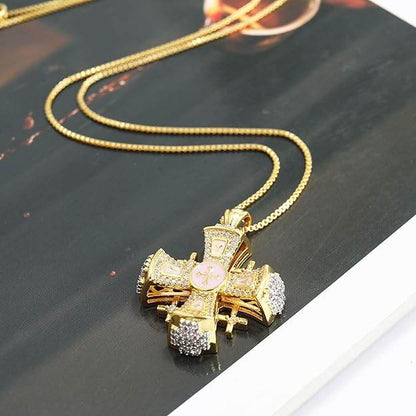 Pink Enamel Jerusalem Cross Pendant Necklace 18k Gold Plating Crystallized Stones - Nazareth Store