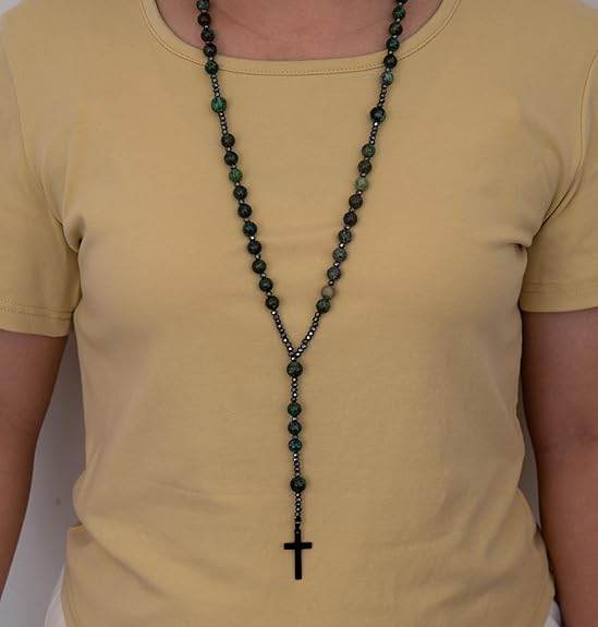 Hematite Stone Beaded Rosary Necklace with Black Metal Cross - Nazareth Store