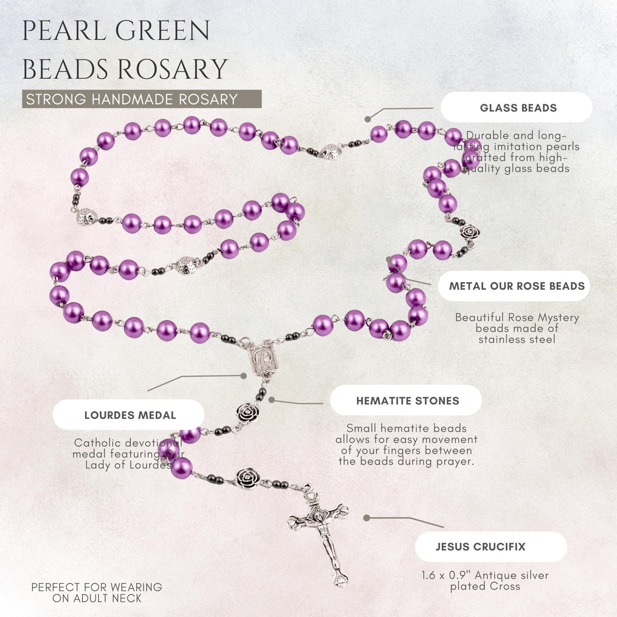 Purple Pearl Beads Rosary Metal Mystery Roses with Hematite Stone Rosary Necklace - Nazareth Store