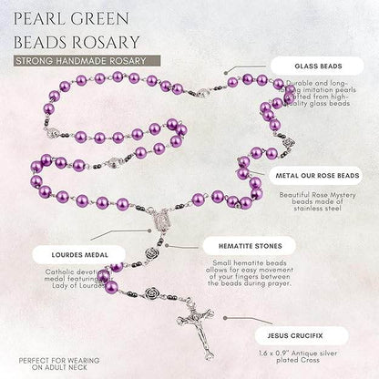 Purple Pearl Beads Rosary Metal Mystery Roses with Hematite Stone Rosary Necklace - Nazareth Store