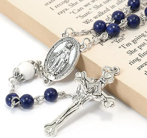 Blue Lapis Lazuli Beads Rosary Necklace with Miraculous Medal, Silver Crucifix for Men & Women (Copy) Nazareth Store