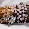 Pink Jade Crystal Beads Rosary Necklace St. Miraculous Medal & Cross Nazareth Store