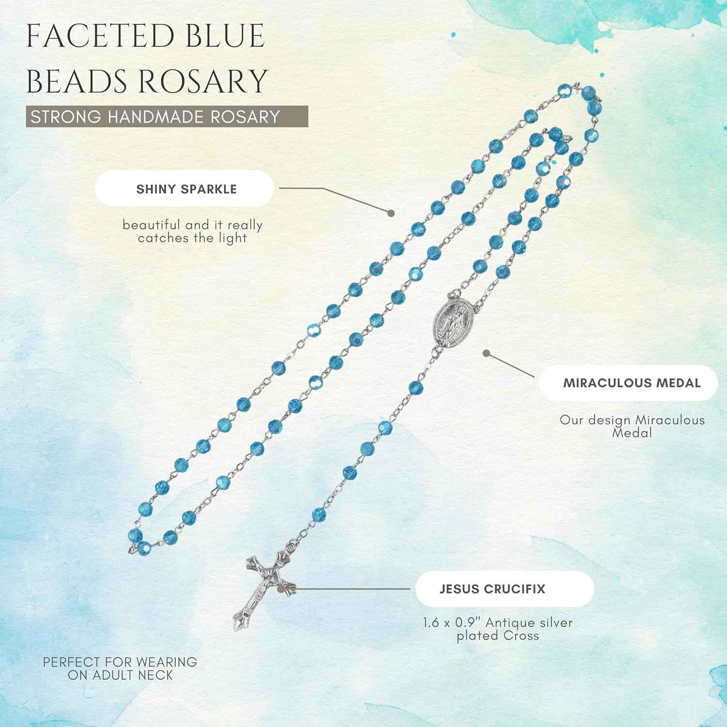 Light Blue Aquamarine Beads Rosary Necklace Crystallized Communion Rosary with Miraculous Medal & Jesus Cross