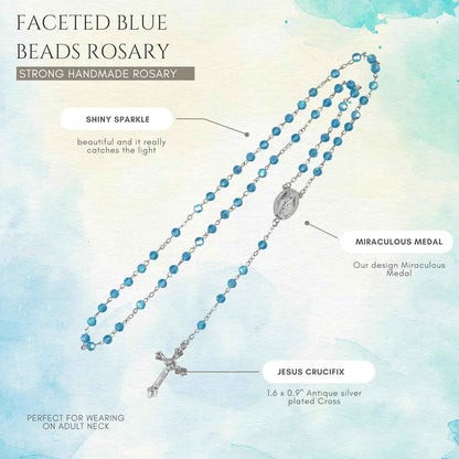 Light Blue Aquamarine Beads Rosary Necklace Crystallized Communion Rosary with Miraculous Medal & Jesus Cross