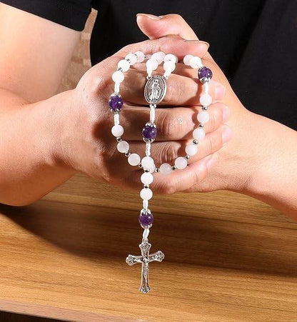 White Jade & Natural Stone Beads Rosary Necklace St. Miraculous Medal & Cross Crucifix - Nazareth Store