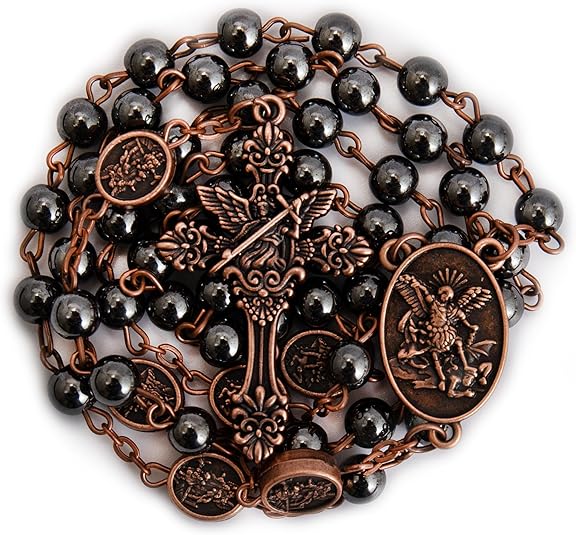 Hematite Stone Beads Necklace Metal Beaded Glory Beads Archangel Medal & Cross with Metal Gift Box (Copper | St.Michael Cross) Nazareth Store