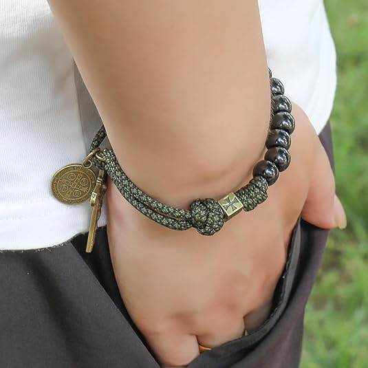 Antique Bronze One Decade Green Paracord Black Matte Beads St Benedict Cross Crucifix - Nazareth Store