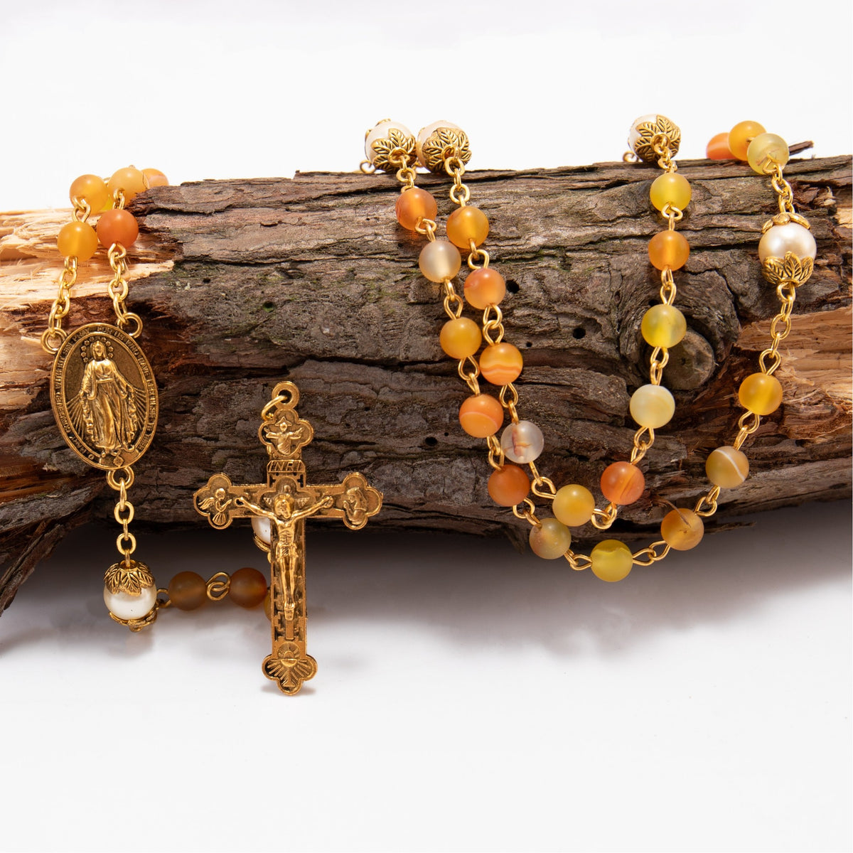 Yellow Matte Stone Rosary Necklace with Pearl Beads Miraculous Medal & Cross - Nazareth Store