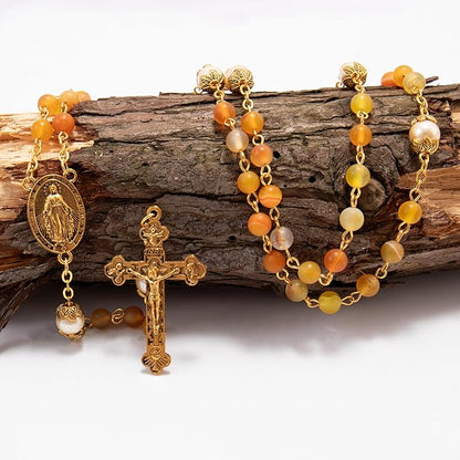 Yellow Matte Stone Rosary Necklace with Pearl Beads Miraculous Medal & Cross