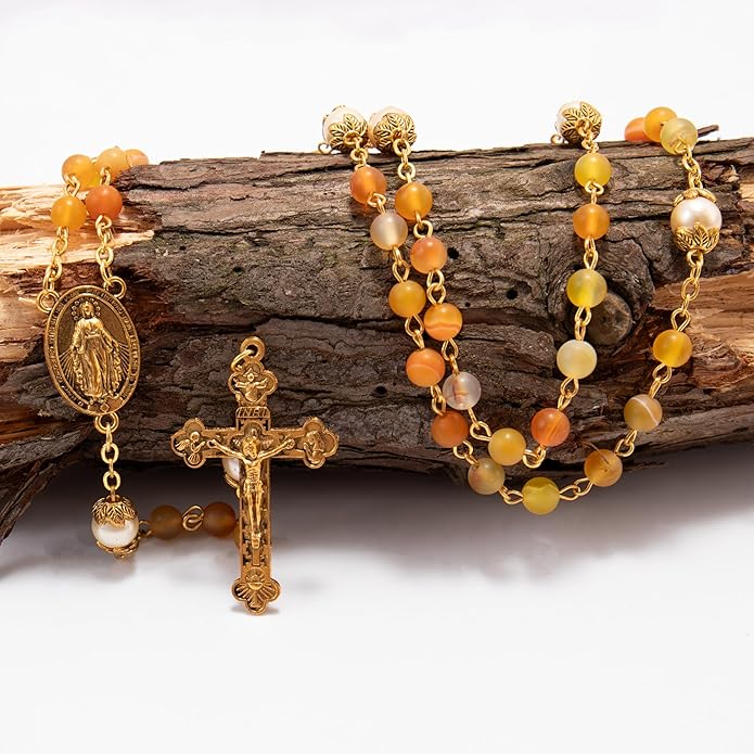 Yellow Matte Stone Rosary Necklace with Pearl Beads Miraculous Medal & Cross
