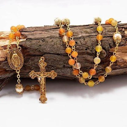 Matte Stone & Pearl Round Beads Rosary Gold Necklace Miraculous Medal & Cross - Nazareth Store