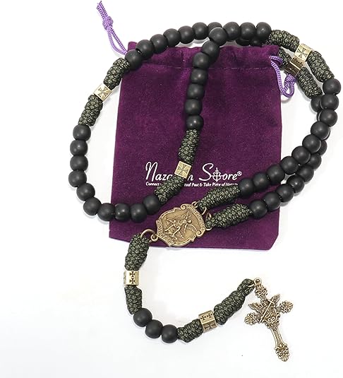 Antique Bronze Metal Rugged Durable Paracord Rosary Necklace Black Matte Prayer Beads with Saint Medal and Crucifix Cross Nazareth Store