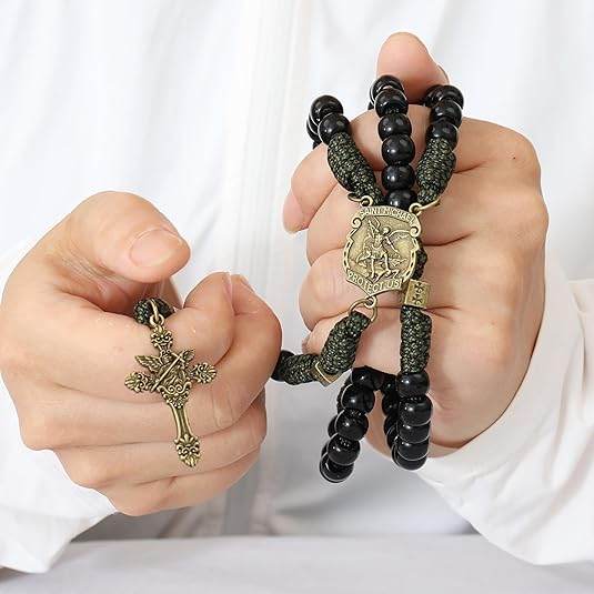 Antique Bronze Metal Rugged Paracord Rosary Necklace Black Matte Prayer Beads with Saint Medal and Crucifix Cross - Nazareth Store