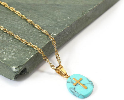 Natural Blue Sapphire Stone Cross Pendant Stainless Steel Clavicle Chain Necklace - Nazareth Store