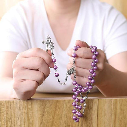 Purple Pearl Beads Rosary Metal Mystery Roses with Hematite Stone Rosary Necklace - Nazareth Store