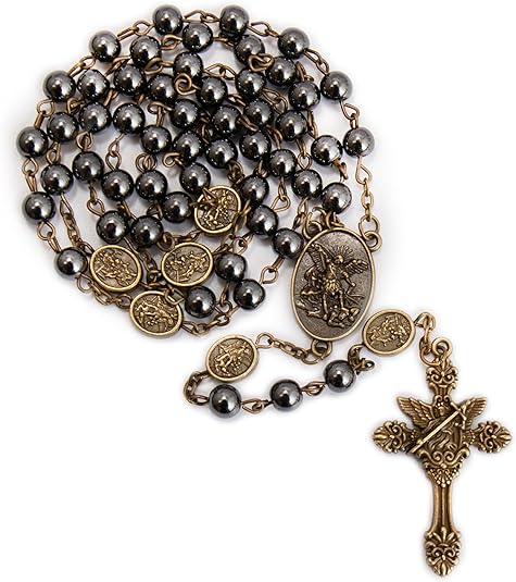 Hematite Rosary Necklace with Bronze Archangel Medal & St. Michael Cross Nazareth Store