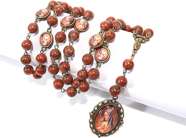 Red Coral Our Lady Sorrows Stone Beads Rosary Chaplet Necklace with Epoxy 7 Medallion Nazareth Store