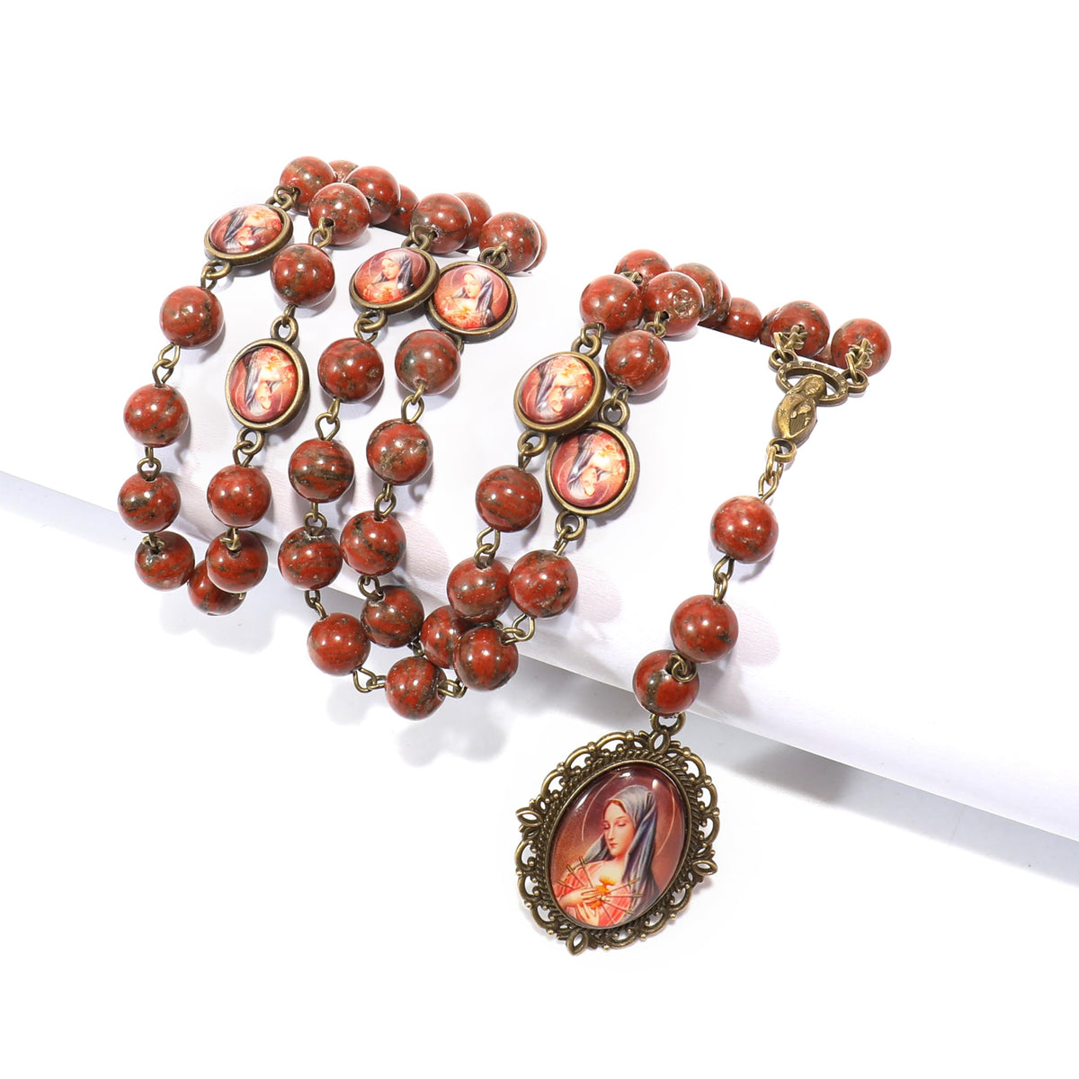 Red Coral Our Lady Sorrows Stone Beads Rosary Chaplet Necklace with Epoxy 7 Medallion - Nazareth Store