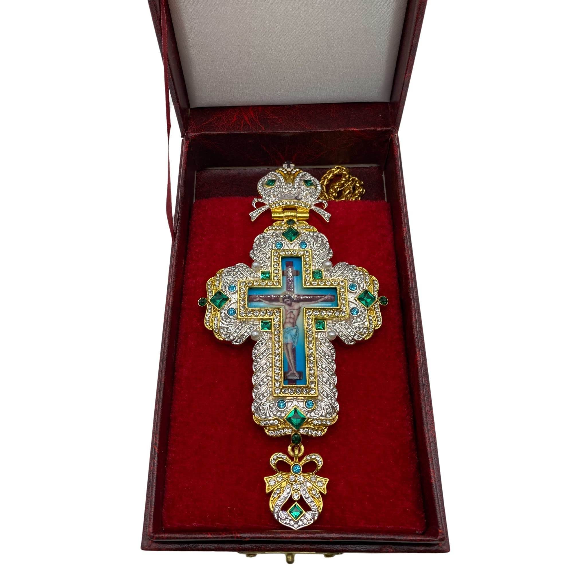 Gold Pectoral Cross Pendant Jesus Priest Bishop Crystallized Beads Clergy Necklace - Nazareth Store
