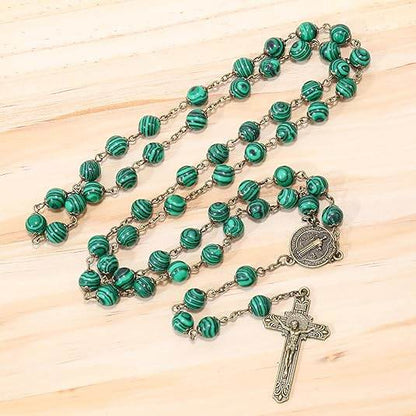 St. Benedict Malachite Antique Bronze Rosary Necklace Cross and Medal - Nazareth Store