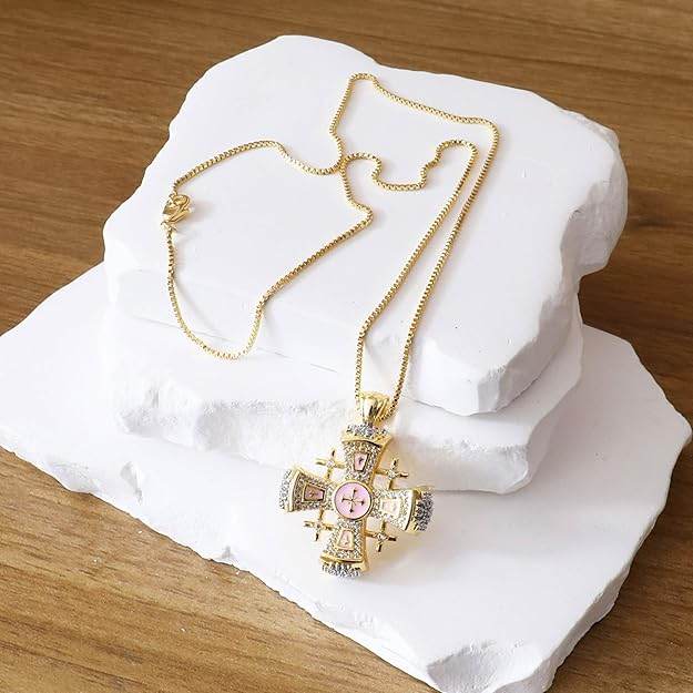 Pink Enamel Jerusalem Cross Pendant Necklace 18k Gold Plating Crystallized Stones Nazareth Store