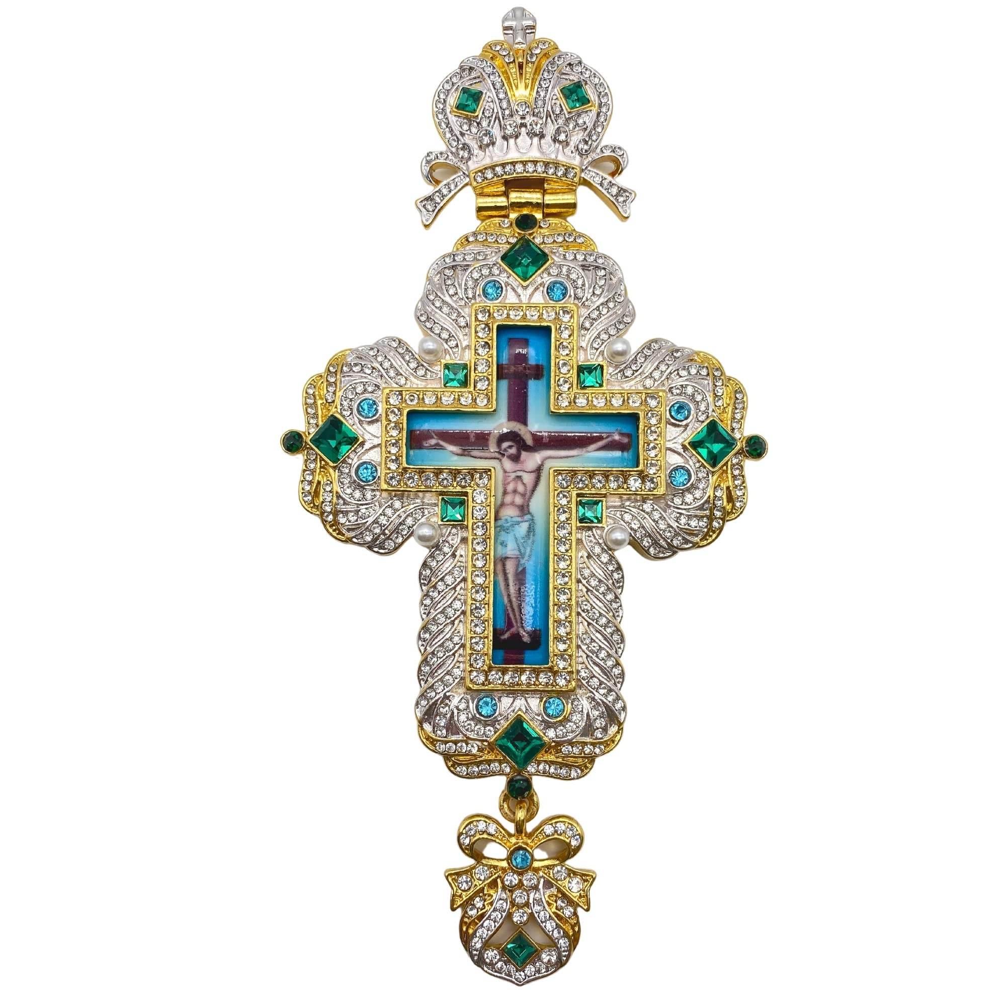 Gold Pectoral Cross Pendant Jesus Priest Bishop Crystallized Beads Clergy Necklace - Nazareth Store