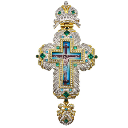 Gold Pectoral Cross Pendant Jesus Priest Bishop Crystallized Beads Clergy Necklace - Nazareth Store