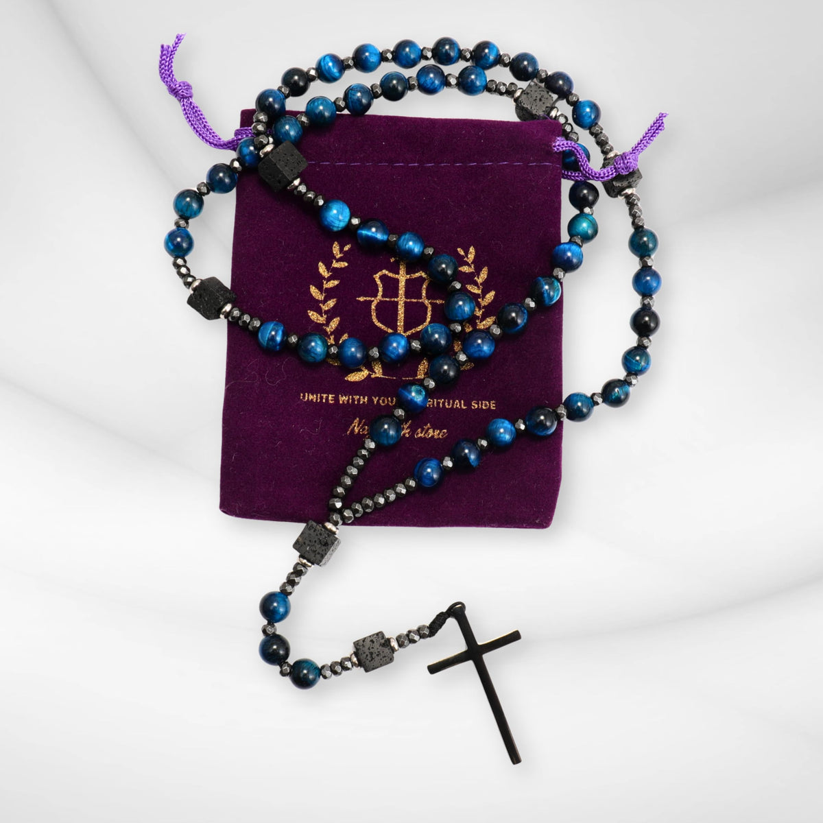 Blue Tiger Eye & Lava Stone 9mm Beads Rosary Necklace with Black Alloy Cross - Nazareth Store