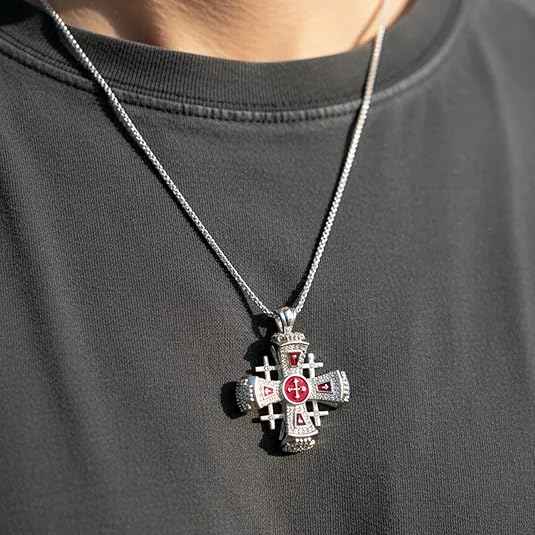 Red Enamel Jerusalem Cross Necklace Stainless Steel Silver Plated Pendant