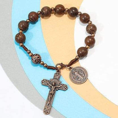 St. Benedict Wood Beads One Decade Car Mirror Beads Rosary with Cross - Nazareth Store