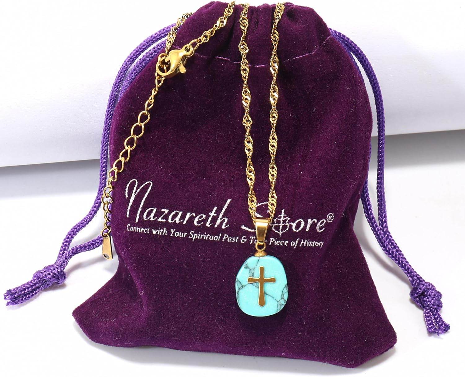 Natural Blue Sapphire Stone Cross Pendant Stainless Steel Clavicle Chain Necklace - Nazareth Store