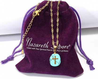 Natural Blue Sapphire Stone Cross Pendant Stainless Steel Clavicle Chain Necklace - Nazareth Store