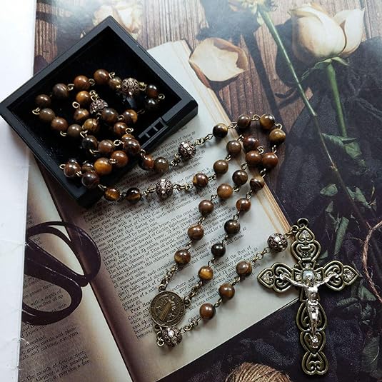 Tiger Eye Natural Stone Beaded Rosary Antique Brass Chaplets Cross Necklace Nazareth Store
