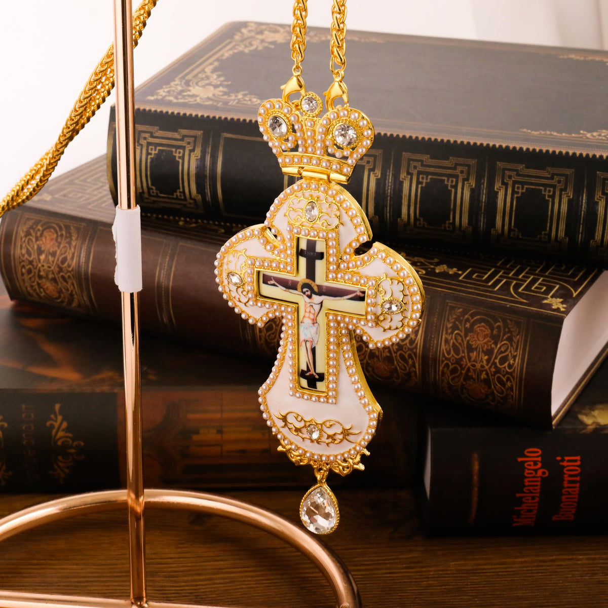 White Pearl Cross Pendant Gold Plated Crystal Crucifix Necklace