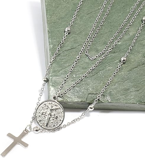 Silver Plated Layered Cross Necklaces 18" with St Benedict Medal Protection Chain Nazareth Store