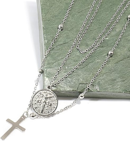 Silver Plated Layered Cross Necklaces 18" with St Benedict Medal Protection Chain Nazareth Store