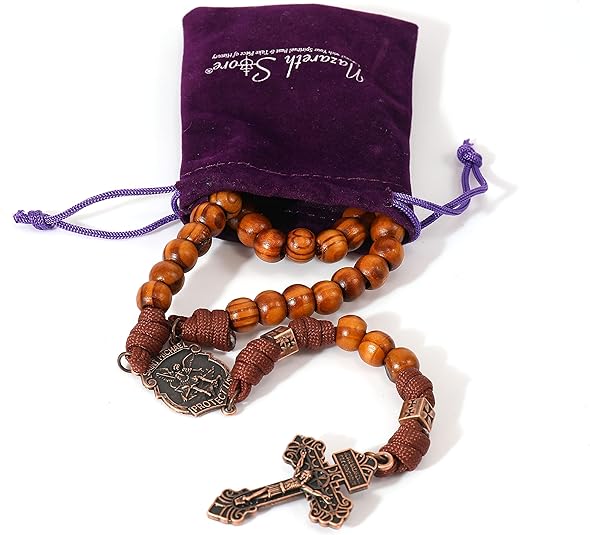 Strong Corded Wooden Beads Paracord Rugged Rosary Necklace with St.Michael Medal and Pardon Crucifix Nazareth Store