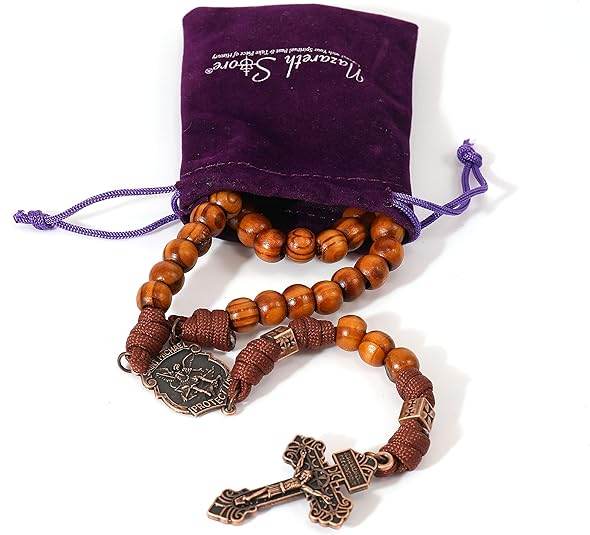 Strong Corded Wooden Beads Paracord Rugged Rosary Necklace with St.Michael Medal and Pardon Crucifix - Nazareth Store