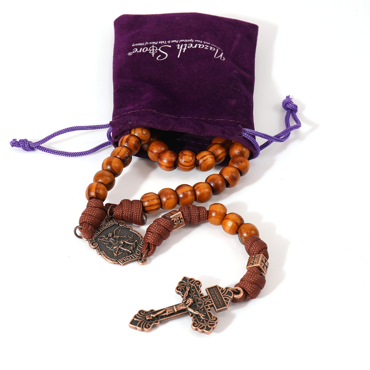 Strong Corded Wooden Beads Paracord Rugged Rosary Necklace with St.Michael Medal and Pardon Crucifix - Nazareth Store
