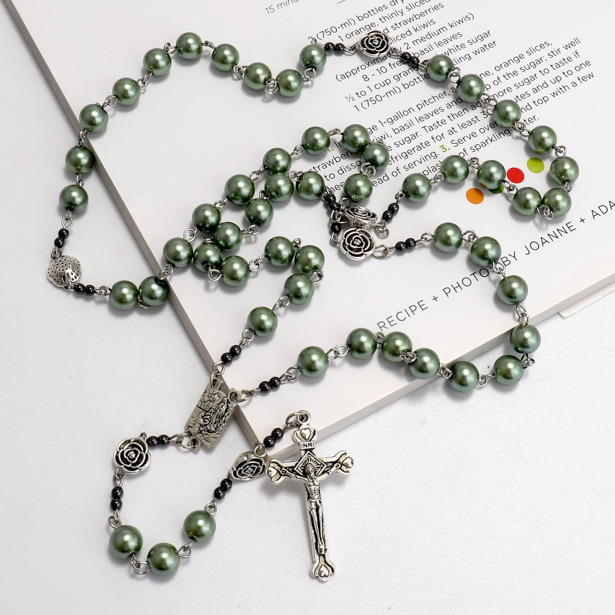 Green Pearl Beads Rosary Metal Mystery Roses with Hematite Stone Necklace - Nazareth Store
