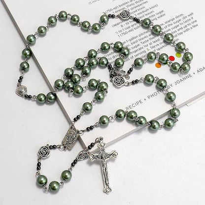Green Pearl Beads Rosary Metal Mystery Roses with Hematite Stone Necklace - Nazareth Store