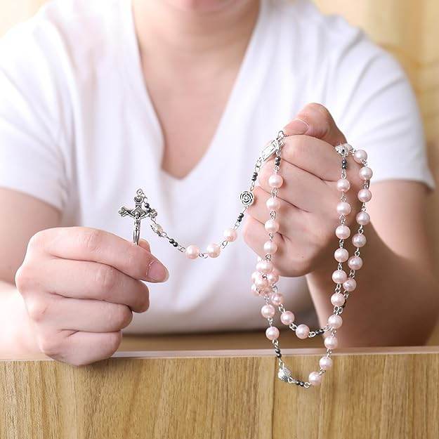 Pink Pearl Beads Rosary Metal Mystery Roses with Hematite Stone Rosary Necklace - Nazareth Store