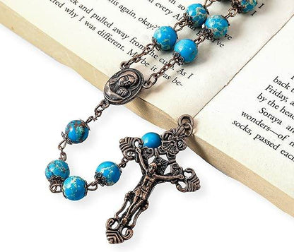 Jasper Turquoise Stone Beads Rosary Necklace with Holy Soil Medal & Cross - Nazareth Store