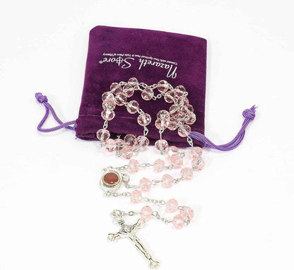 Pink Rosary Necklace Crystal Beads with Holy Soil Medal & Silver Jesus Cross Crucifix - Nazareth Store