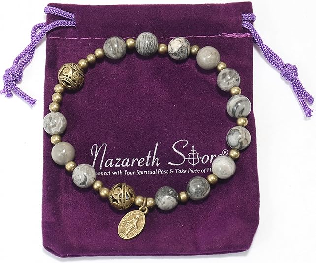 Durable and Elegant Wrist Bracelet Stone Beads Rosary with Metal Separators and Catholic Miraculous Medal Nazareth Store