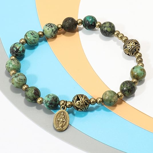 Africa Jasper Stone Beads Rosary Bracelet with Metal Separators and Catholic Miraculous Medal Nazareth Store