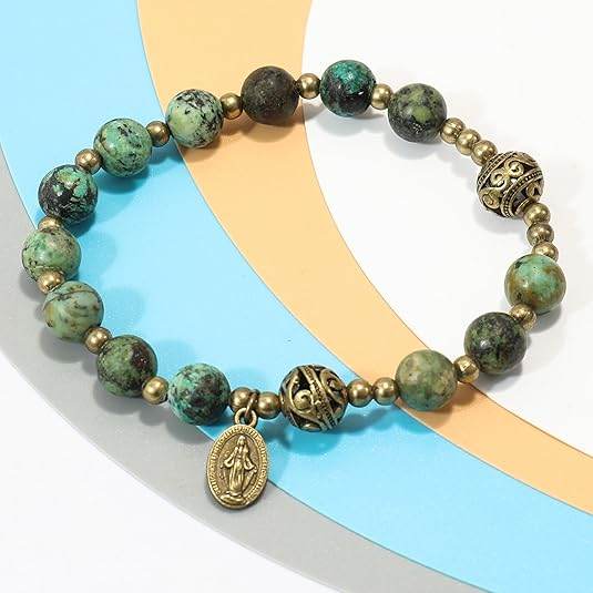 Africa Jasper Stone Beads Rosary Bracelet with Metal Separators and Catholic Miraculous Medal - Nazareth Store