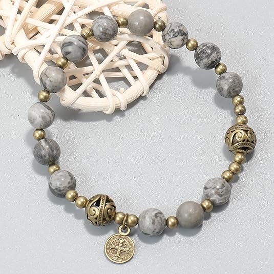 St. Benedict  Map Stone Beads Durable and Elegant Wrist Bracelet Rosary with Metal Separators and Catholic Medal Nazareth Store