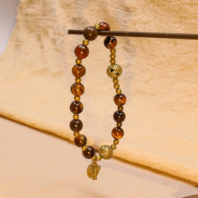 Brown Tiger Eye Rosary Bracelet Metal Separators with Miraculous Medal & Cross Wrist Jewelry (Copy)