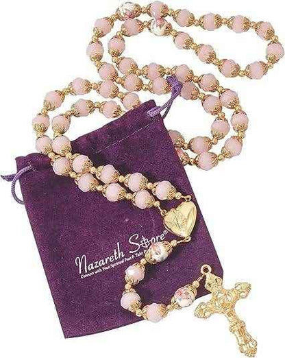 Pink Crystal Beads Gold Flowers Beaded Rosary Necklace Miraculous Heart Locket Medal